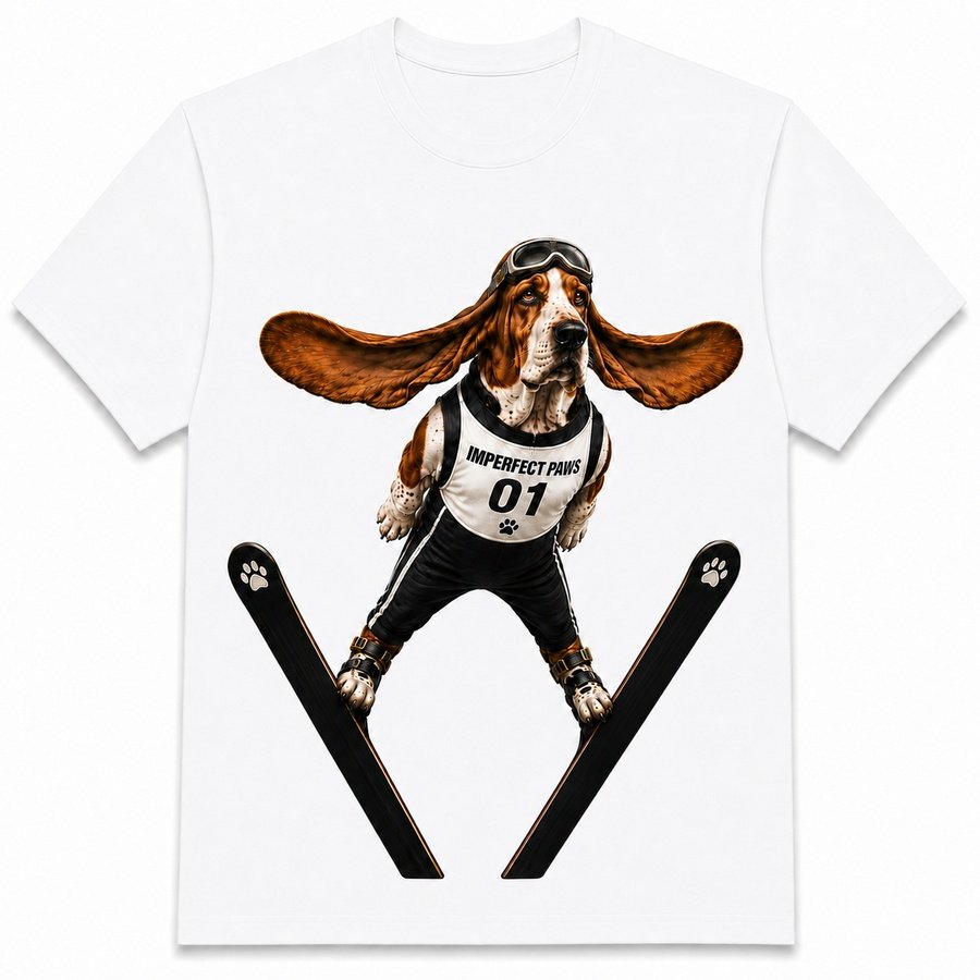 Basset Hound -- Eddie's Jump t-shirt, a Basset Hound ski jumping with its ears out like wings
