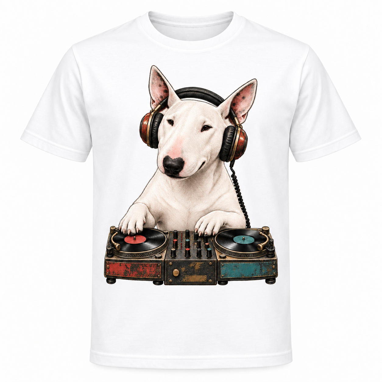 Bull Terrier -- Echo's Set t-shirt, a Bull Terrier wearing headphones DJing on turntables