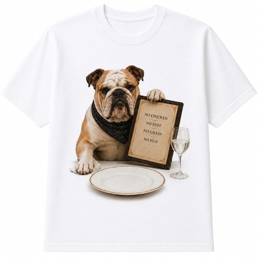 English Bulldog -- Gordon's Menu t-shirt, a Bulldog at a table with an empty plate, wine glass, and a framed sign listing food restrictions