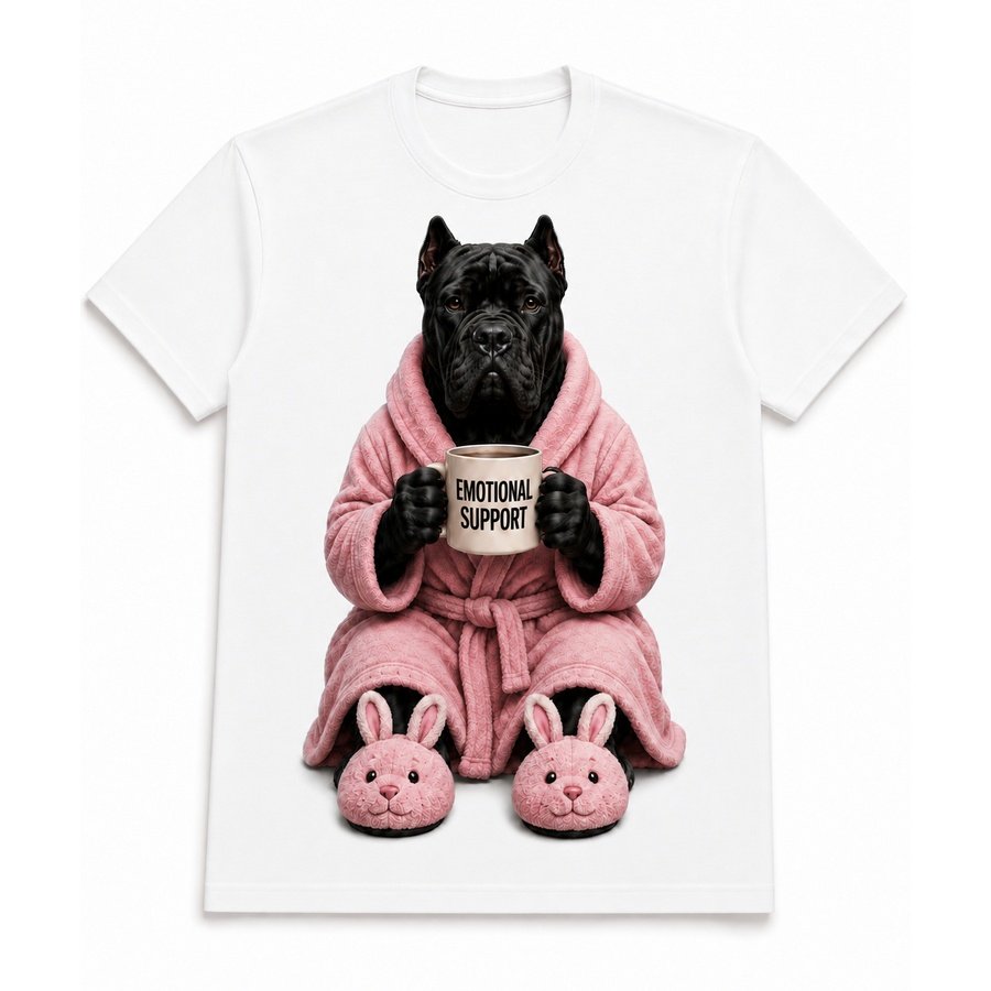 Cane Corso -- Tank's Day Off t-shirt, a Cane Corso in a pink robe and bunny slippers holding a mug that says Emotional Support