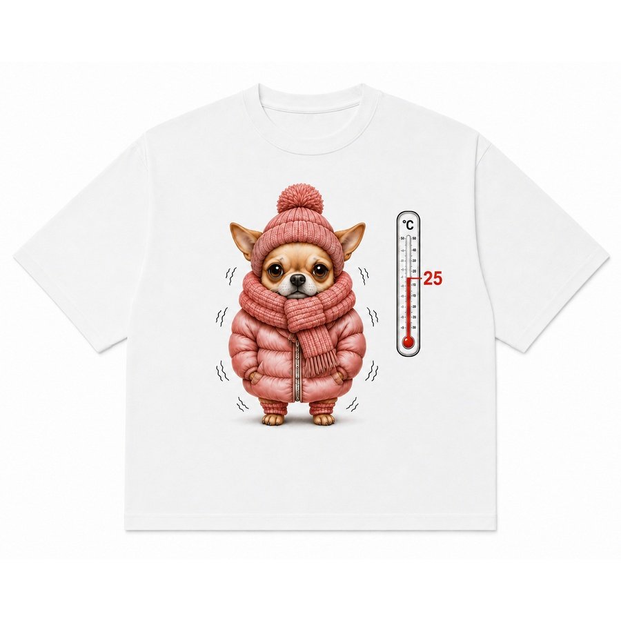 Chihuahua -- Frosty's Forecast t-shirt, a Chihuahua bundled in a pink puffer coat and beanie next to a thermometer reading 25 degrees