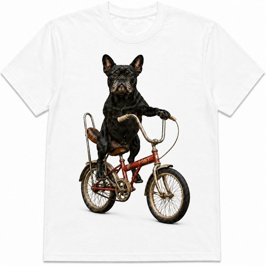 Frenchie -- Fiona's Ride t-shirt, a French Bulldog riding a small BMX bike