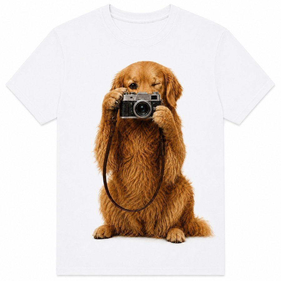 Golden Retriever -- Ansel's Shot t-shirt, a Golden Retriever winking while holding a vintage camera