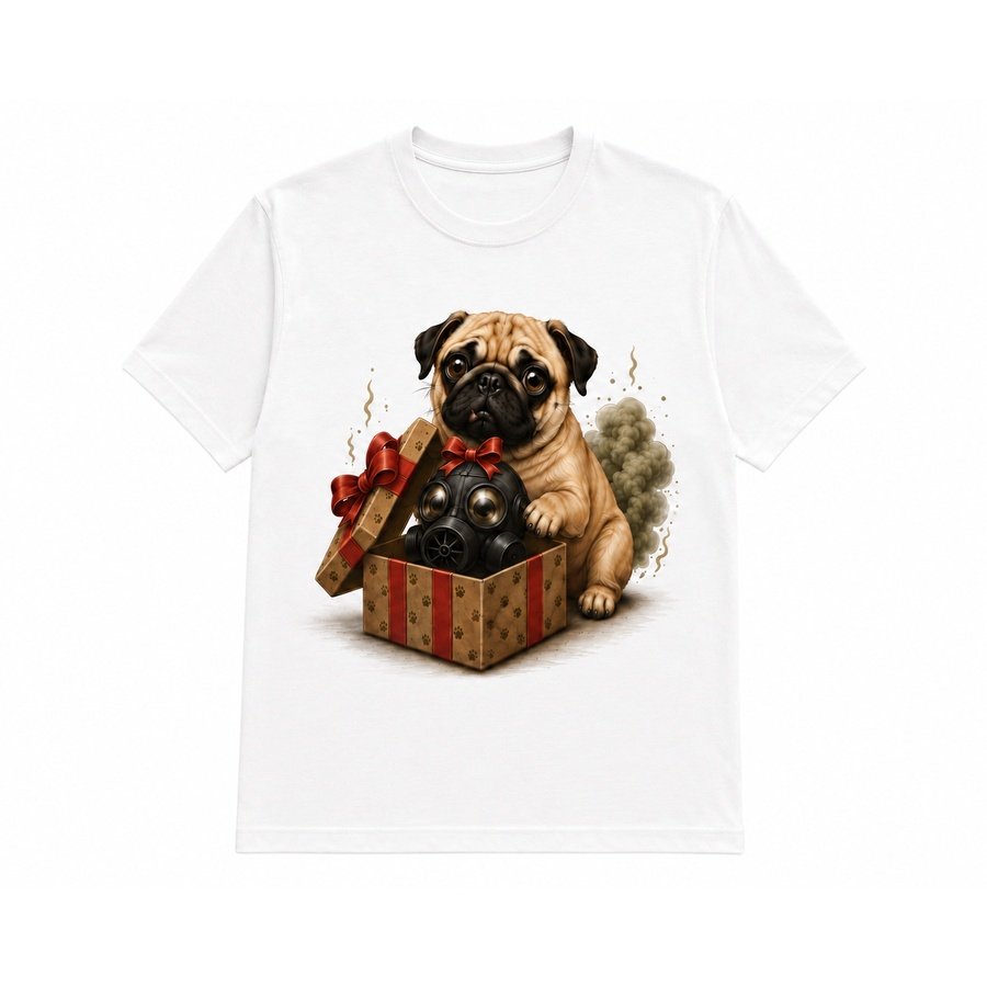 Pug -- Puff's Gift t-shirt, a Pug sitting next to an open gift box containing a gas mask with a red bow